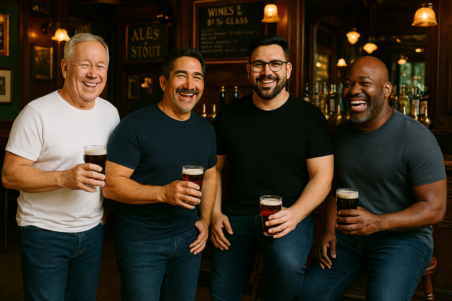 Four men standing together in a bar, holding drinks and smiling. With alfa wear t-shirts