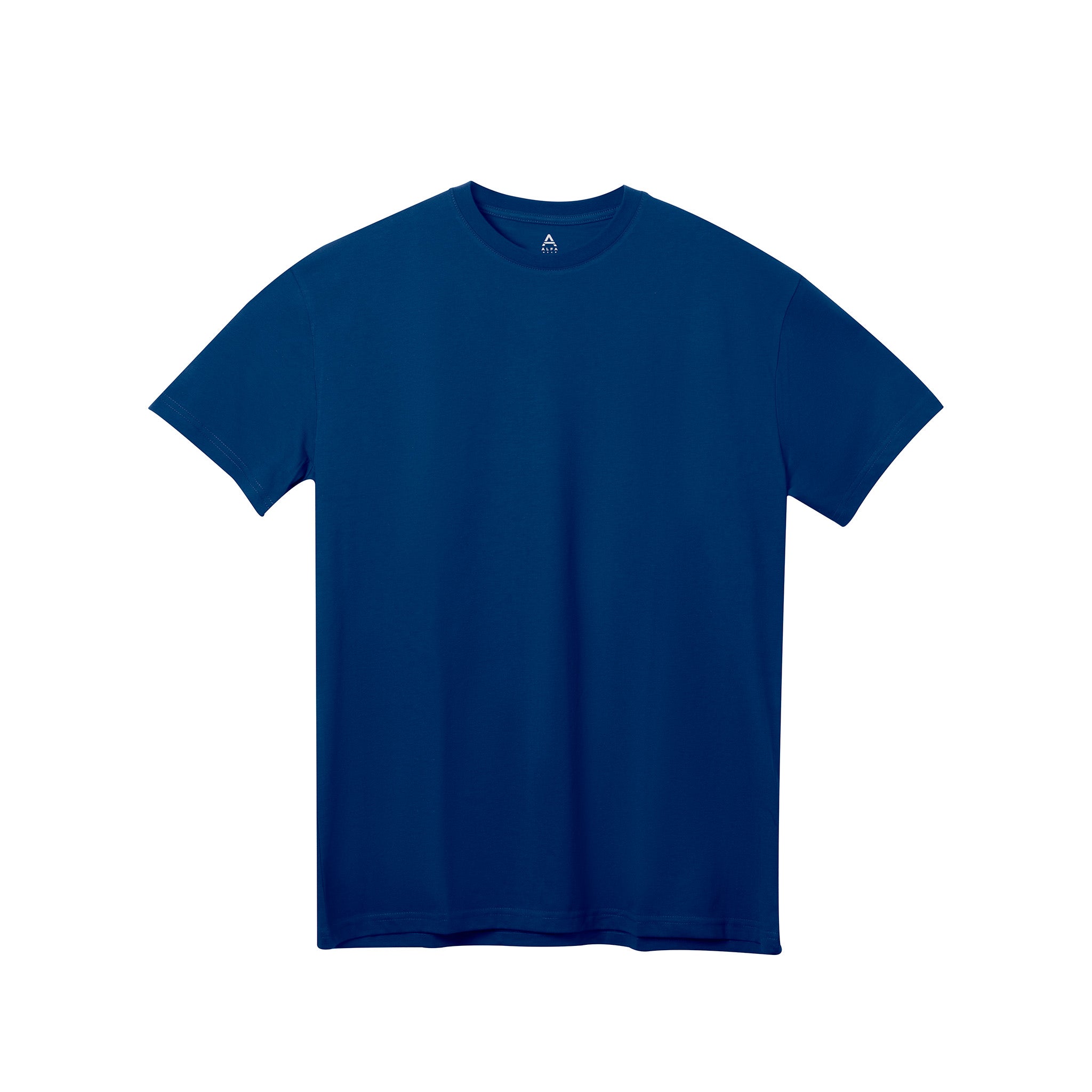 Plain tall fitted blue t-shirt on a white background