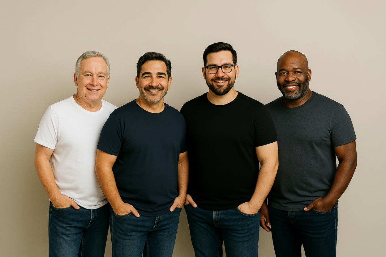 Four men standing side by side all built different