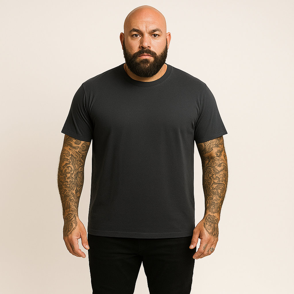 Big Man wearing a black fitted t-shirt