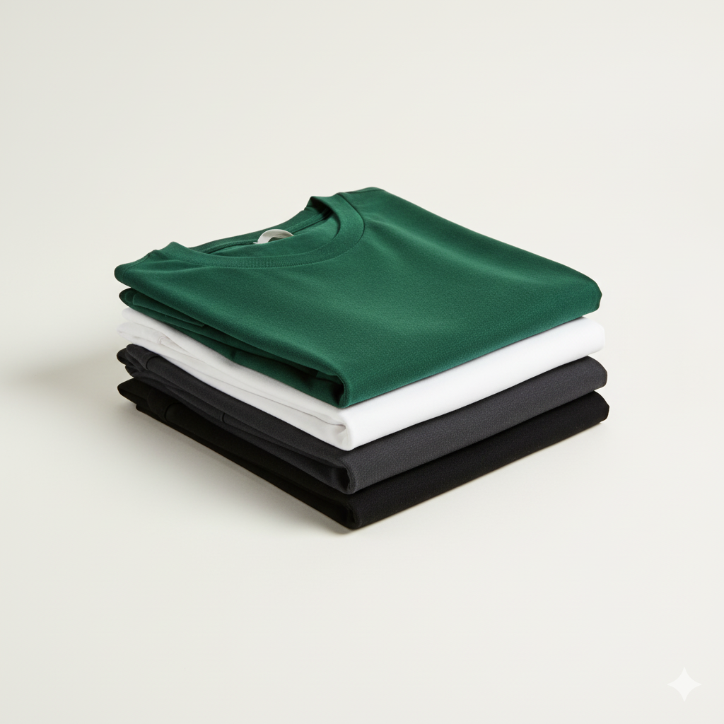 Stack of folded green, white, and black shirts on a light beige background