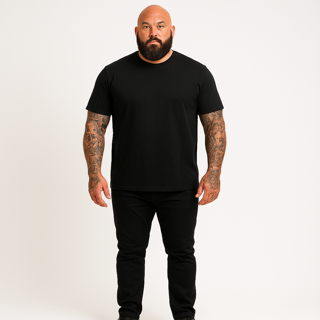 Man wearing a black fitted T shirt 