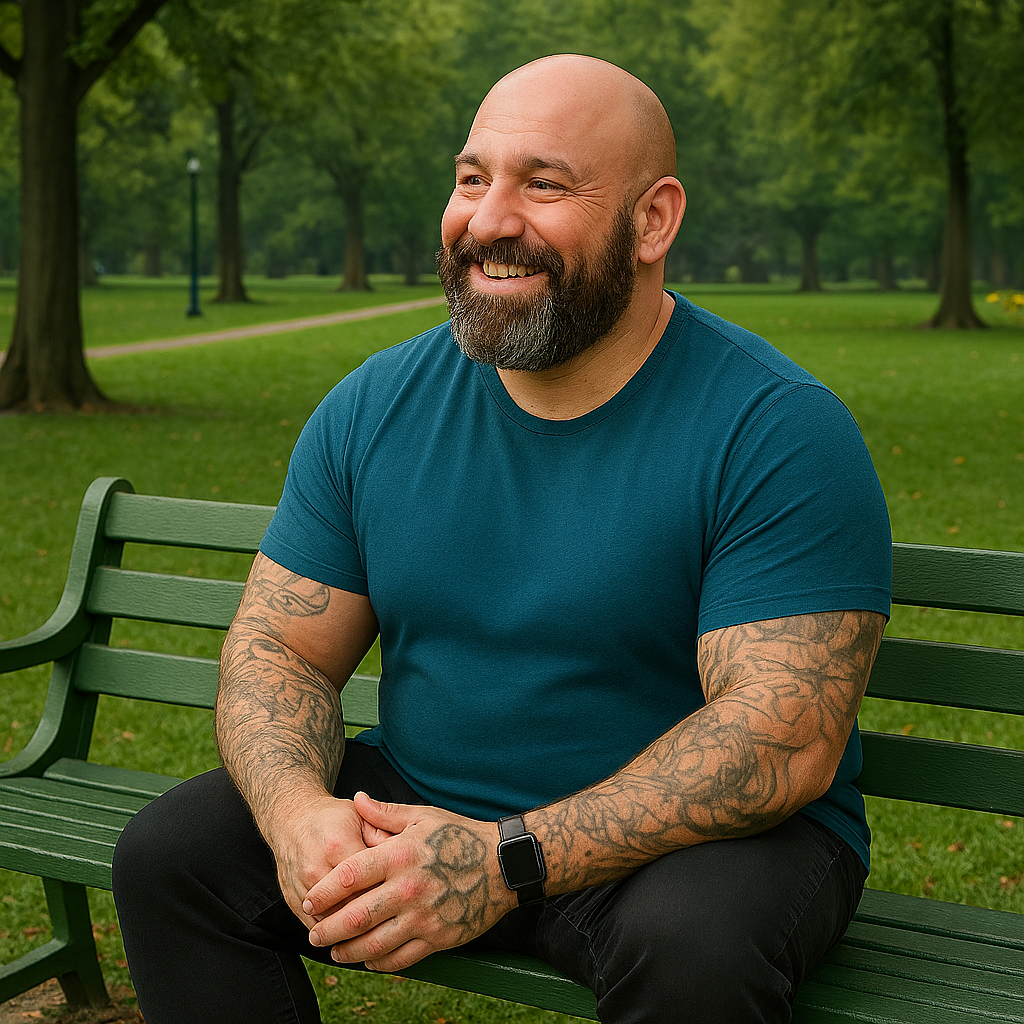 Man with tattoos sitting on a park bench wearing a blue fitted alfa shirt.