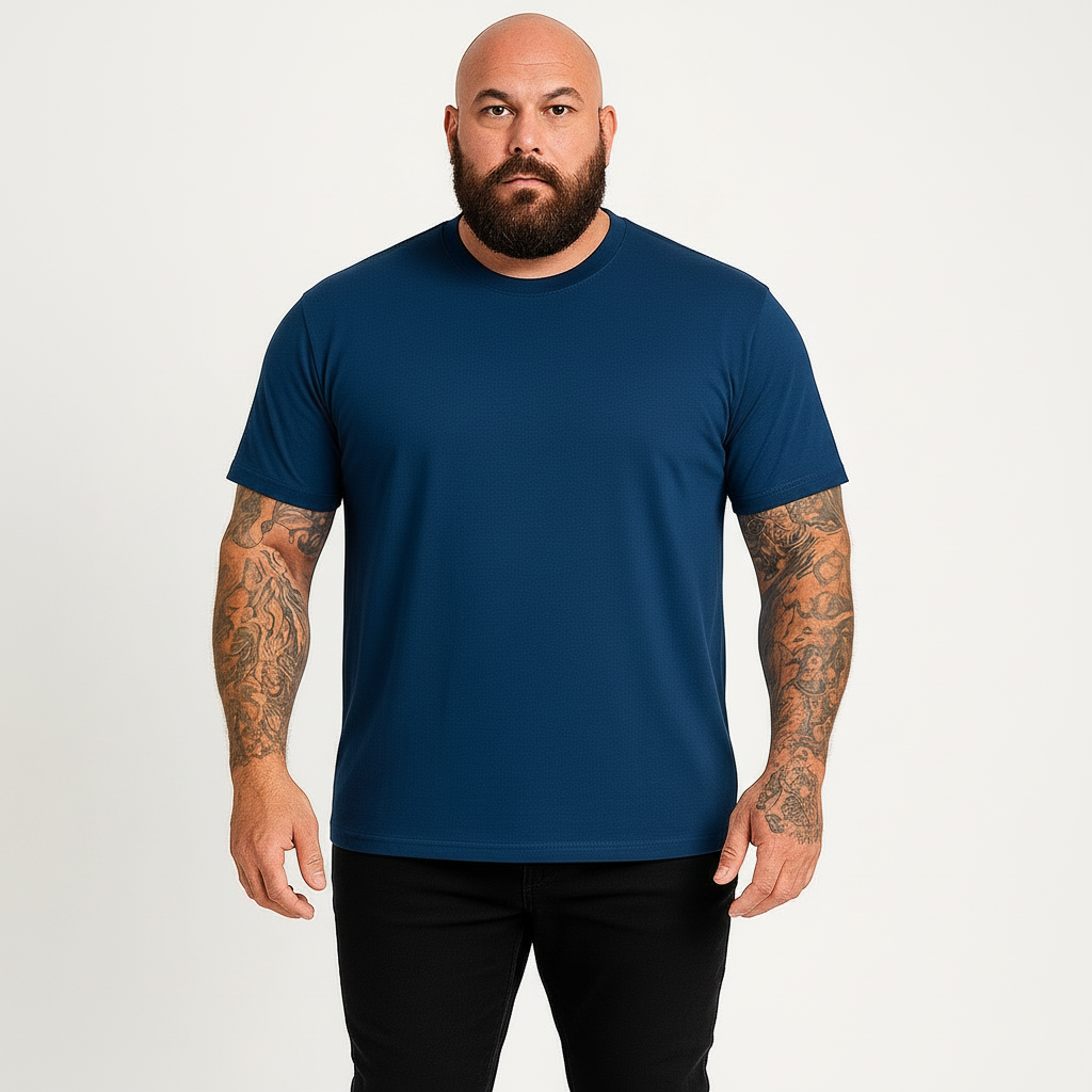 Man wearing a fitted blue t-shirt 