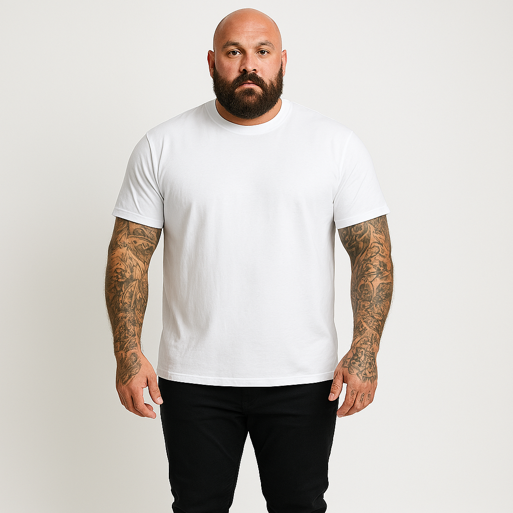 Man wearing a plain beer belly white t-shirt against a light gray background