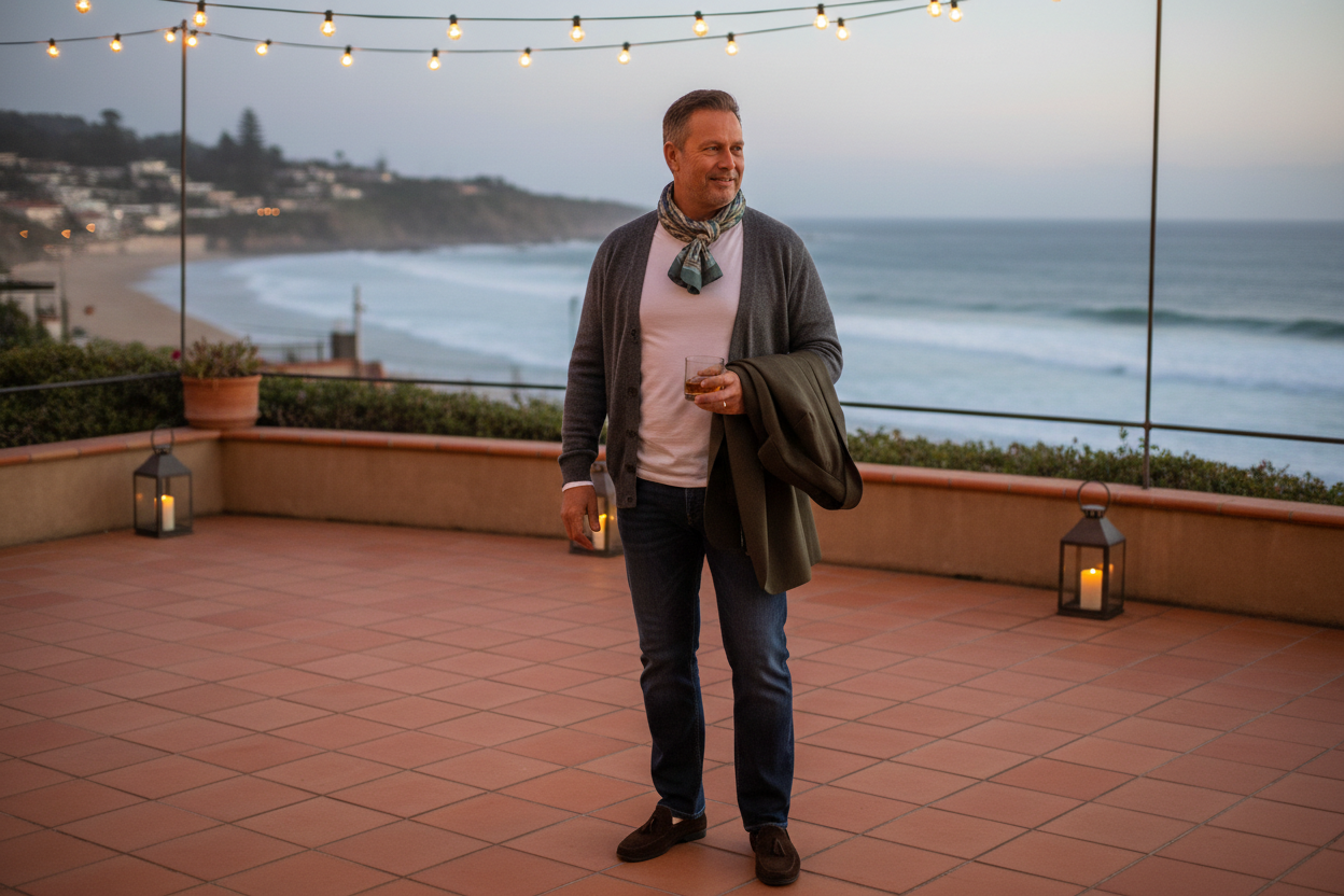 Man in 50s white crew neck evening wear